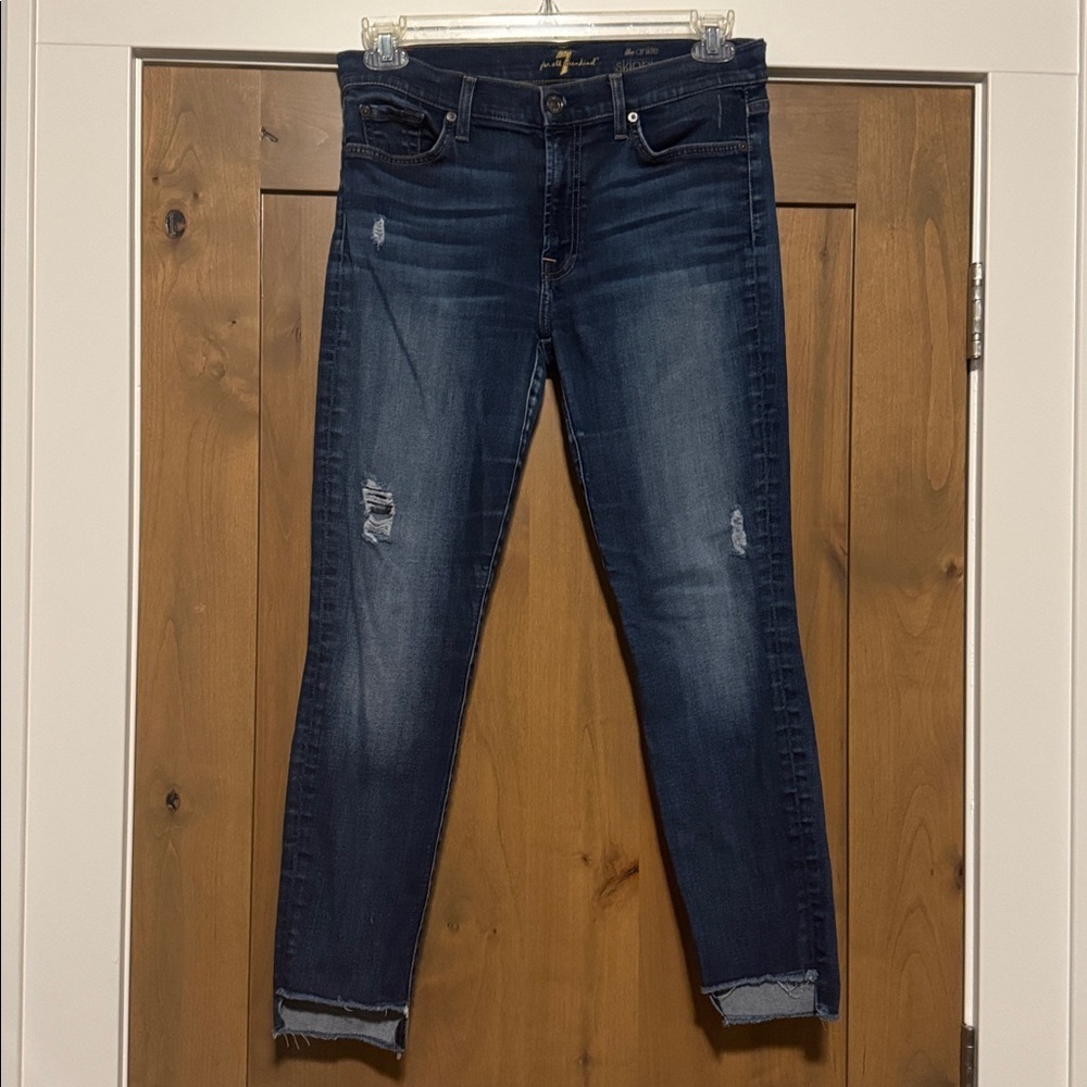 7 For All Mankind Jeans Womens 31 Blue The Ankle Skinny Mid Rise Ripped Distress
